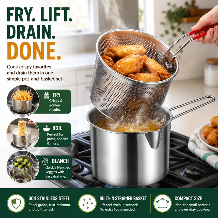 Personal Mini Deep Fryer Set – Stainless Steel Pot with Lift-Out Draining Basket & Food Tongs
