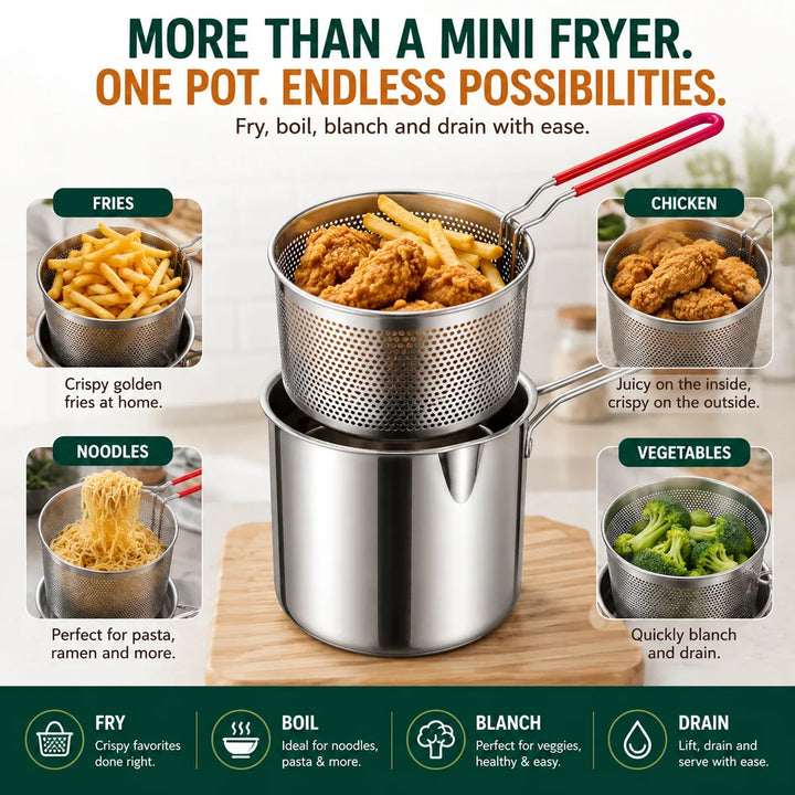 Personal Mini Deep Fryer Set – Stainless Steel Pot with Lift-Out Draining Basket & Food Tongs