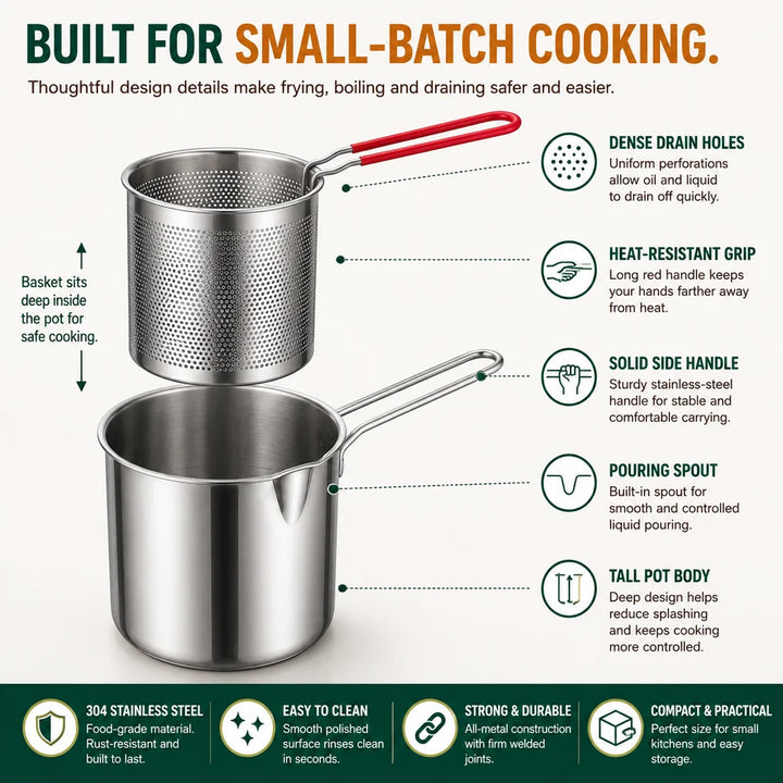 Personal Mini Deep Fryer Set – Stainless Steel Pot with Lift-Out Draining Basket & Food Tongs
