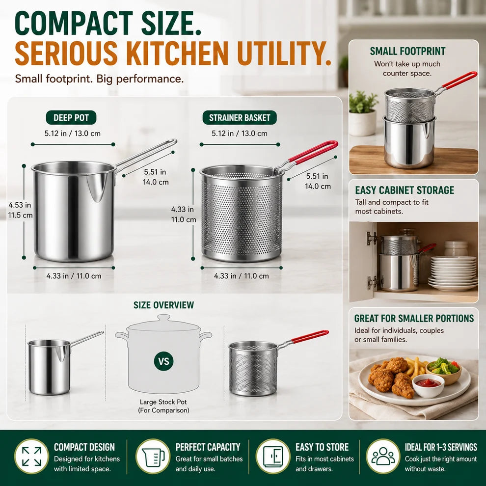 Personal Mini Deep Fryer Set – Stainless Steel Pot with Lift-Out Draining Basket & Food Tongs