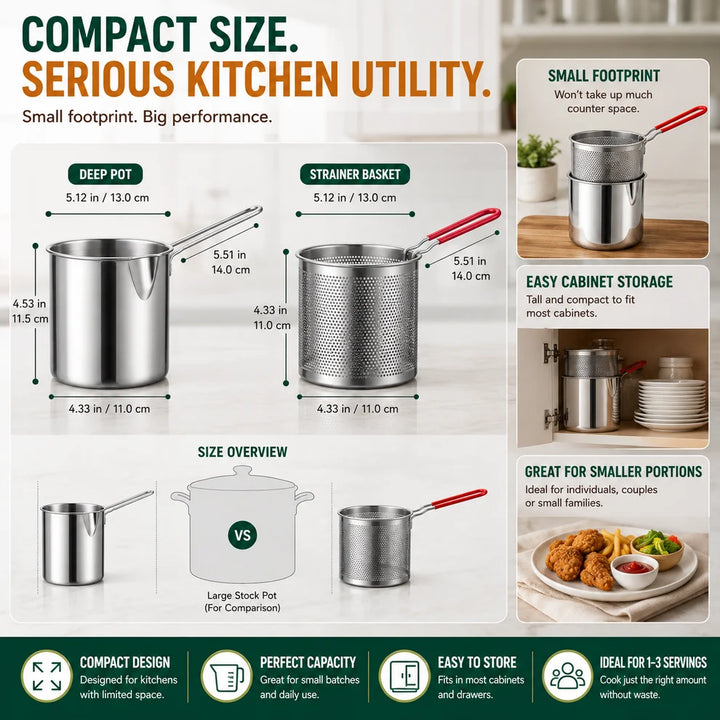 Personal Mini Deep Fryer Set – Stainless Steel Pot with Lift-Out Draining Basket & Food Tongs