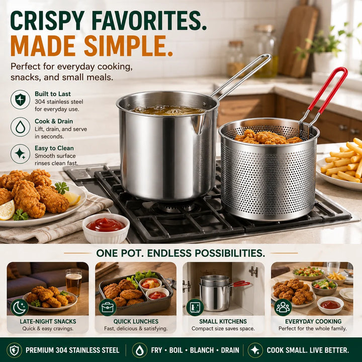 Personal Mini Deep Fryer Set – Stainless Steel Pot with Lift-Out Draining Basket & Food Tongs