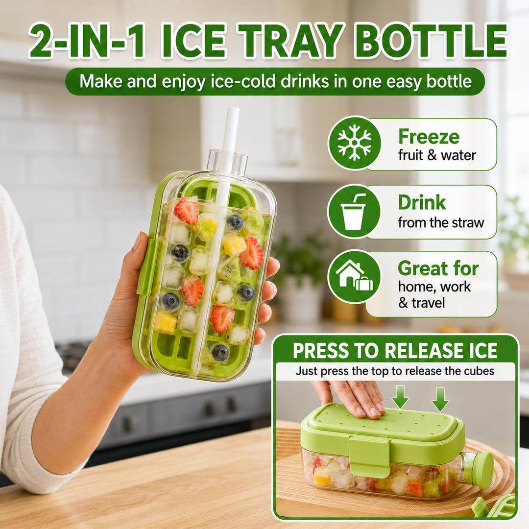 2-in-1 Ice Cube Bottle with Straw, Dual-Seal Lid