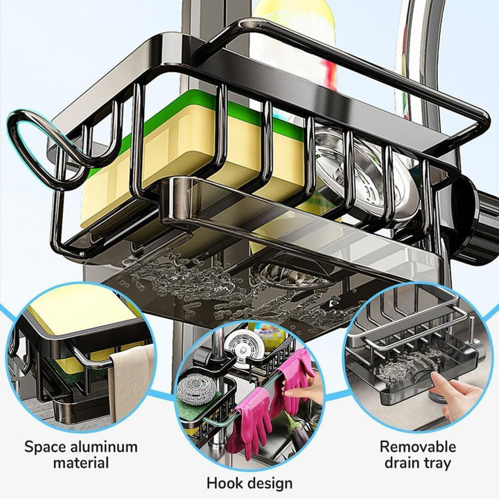 Over Faucet Kitchen Sink Organizer with Sponge Holder, Black
