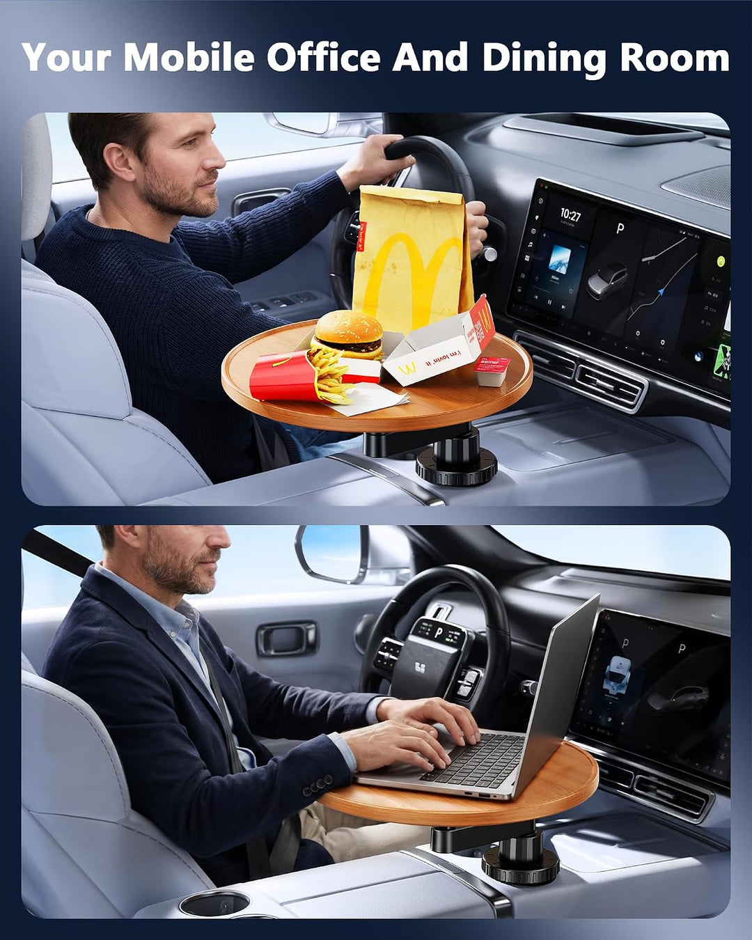 360° Rotating Wood Car Cup Holder Tray & Laptop Desk