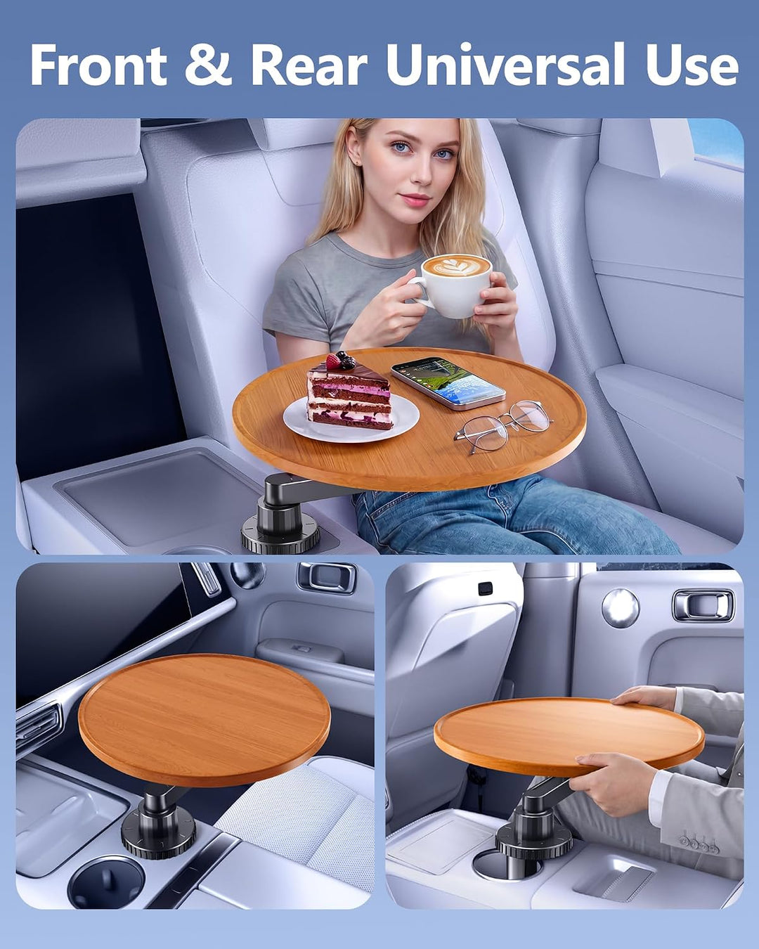 360° Rotating Wood Car Cup Holder Tray & Laptop Desk