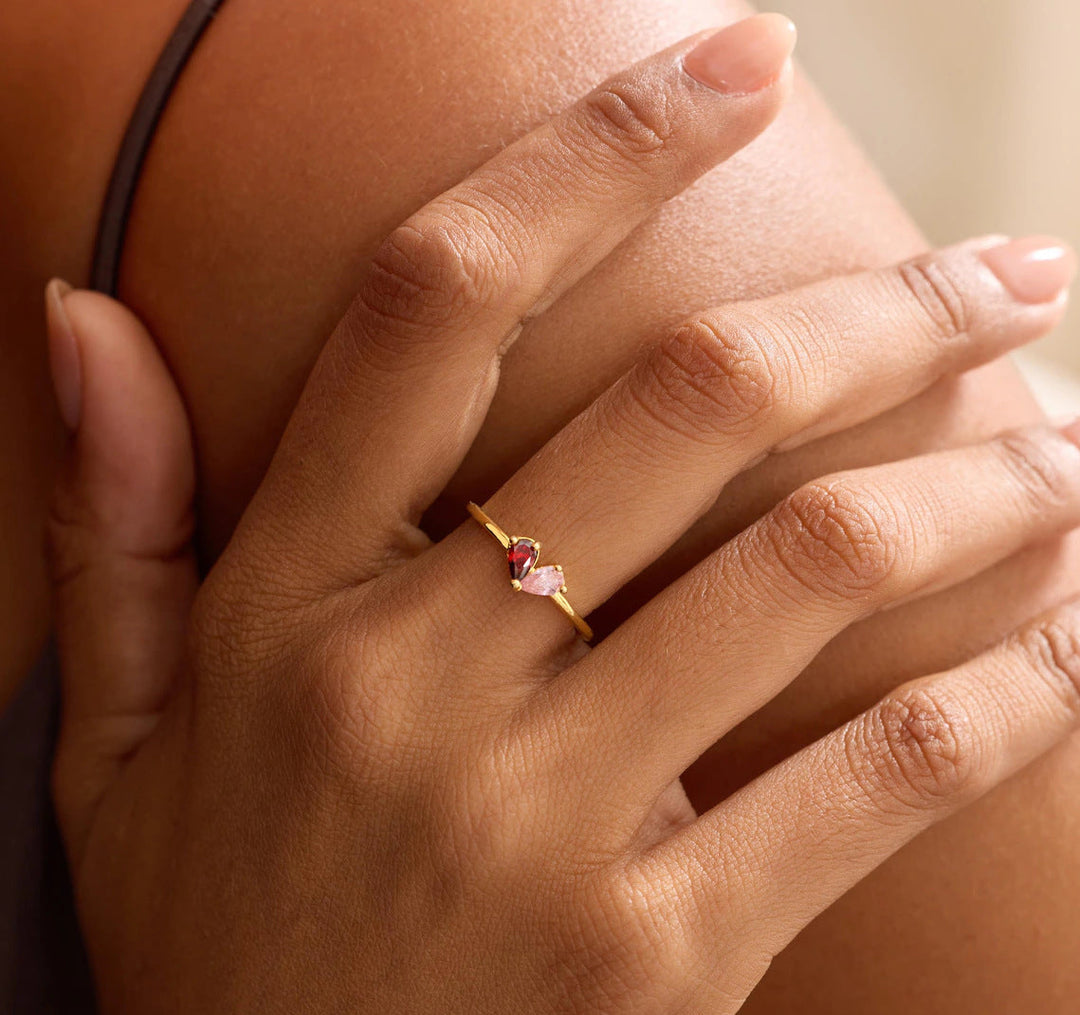 Heart-Shaped Birthstone Zircon Ring, 18K Gold-Plated
