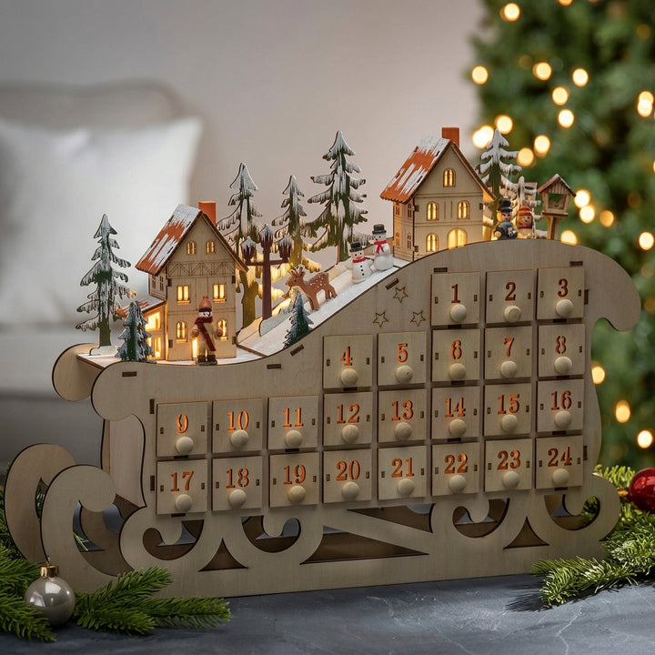 Wooden 24-Day Christmas Countdown Sleigh with LED Lights