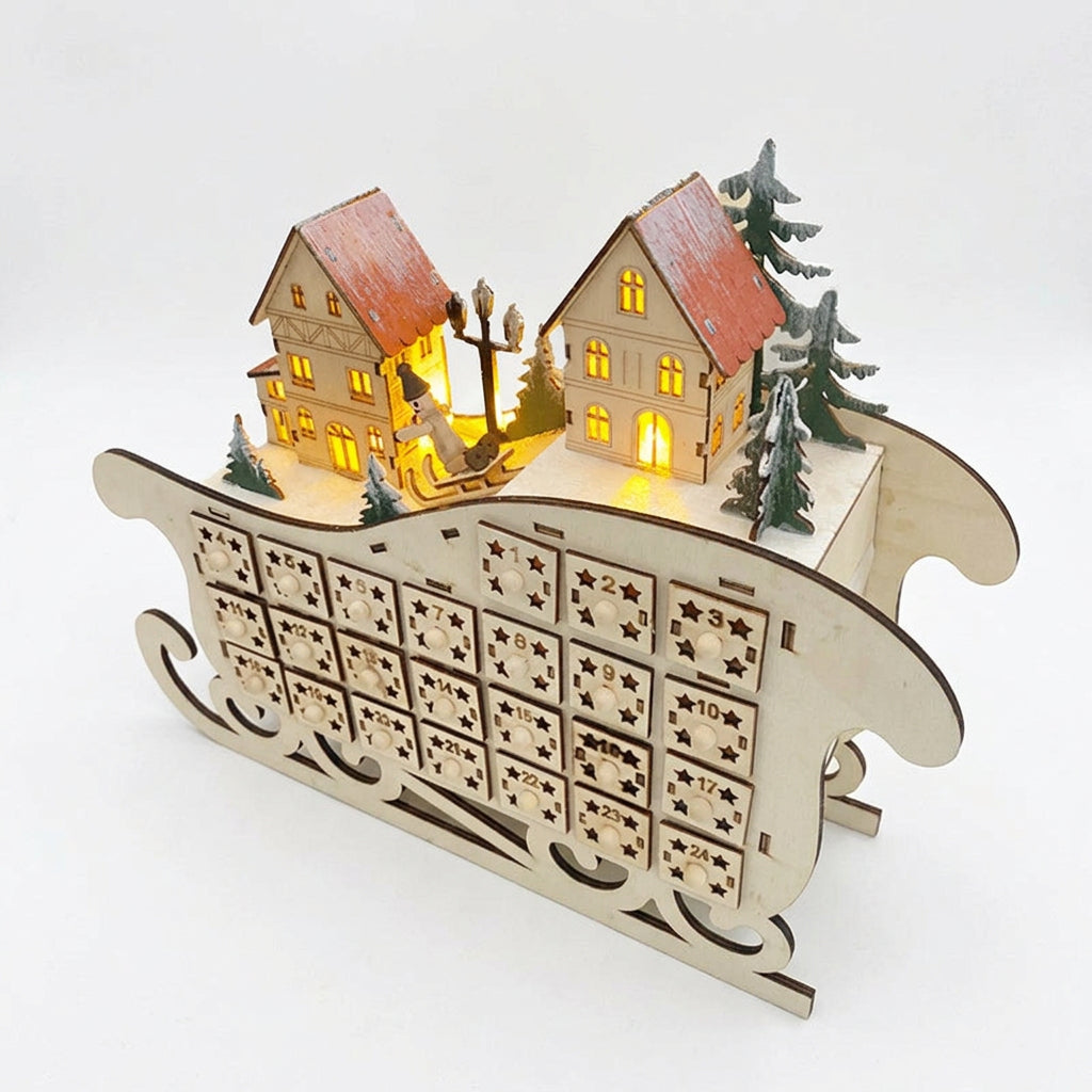 Wooden 24-Day Christmas Countdown Sleigh with LED Lights