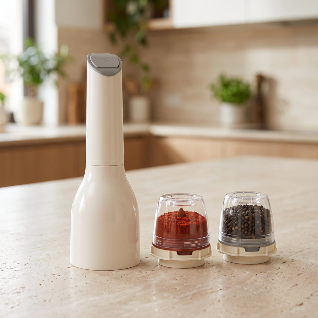 Cream-white electric spice mill with two filled spice pods on a kitchen counter