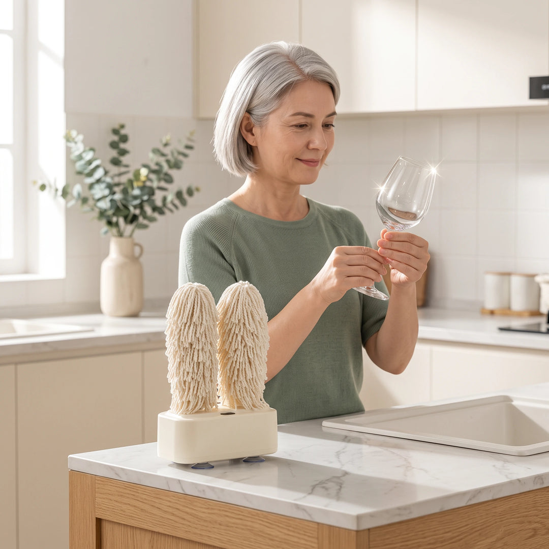 Woman holding a clean wine glass next to the cream glass polisher in a bright kitchen