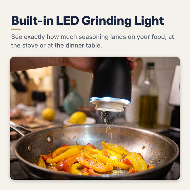 Built-in LED grinding light shining on peppers in a pan