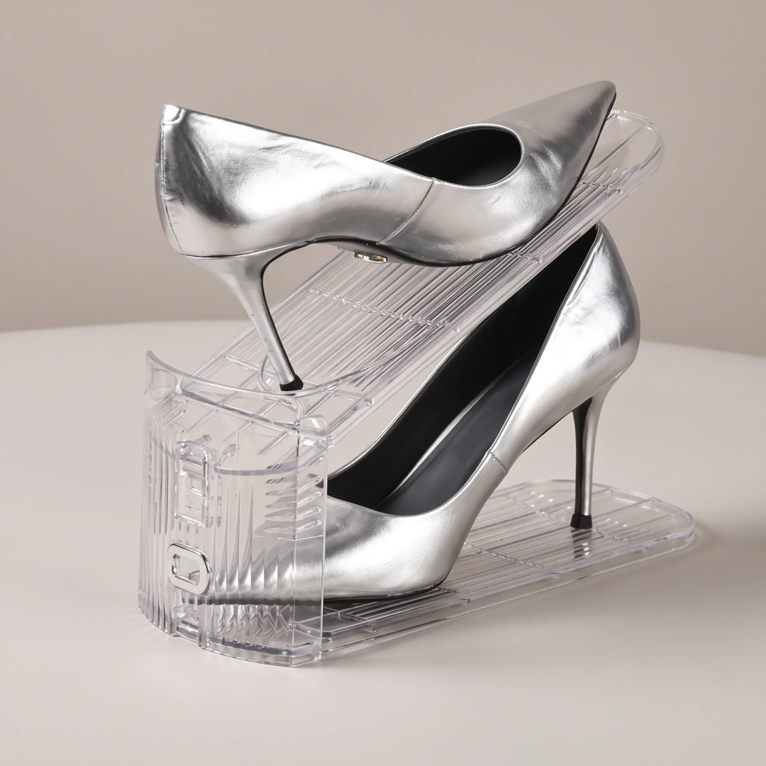 Transparent double-layer shoe slot organizer with silver high heels
