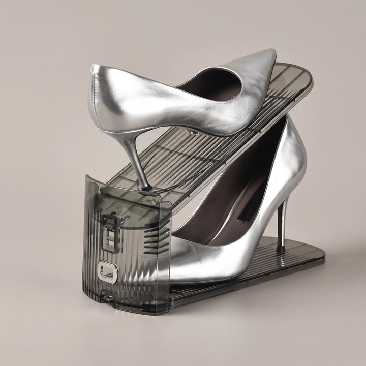 Smoky grey double-layer shoe slot organizer with silver high heels
