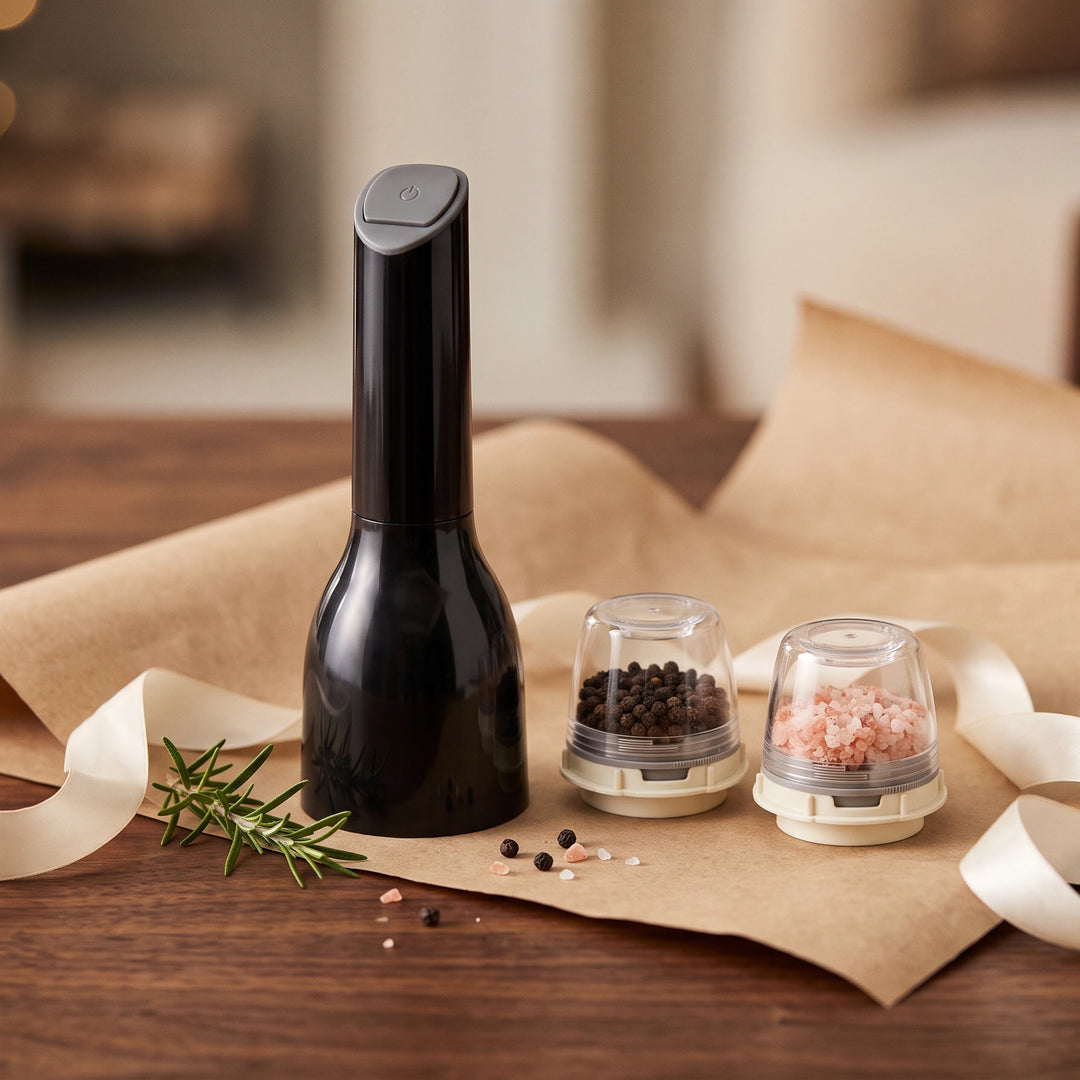 Black electric spice mill with two pods styled as a gift