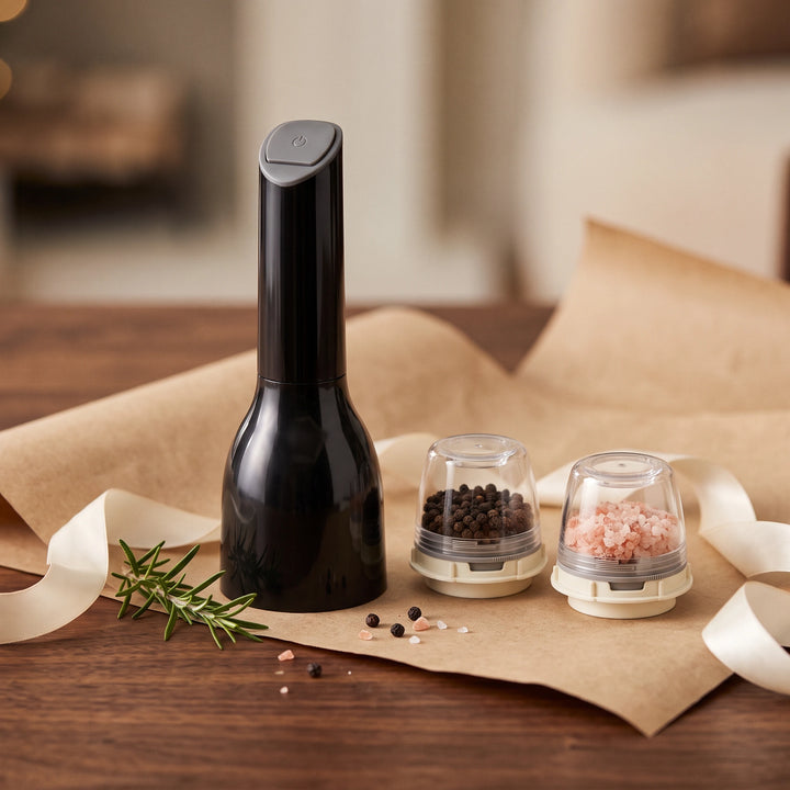 Black electric spice mill with two pods styled as a gift
