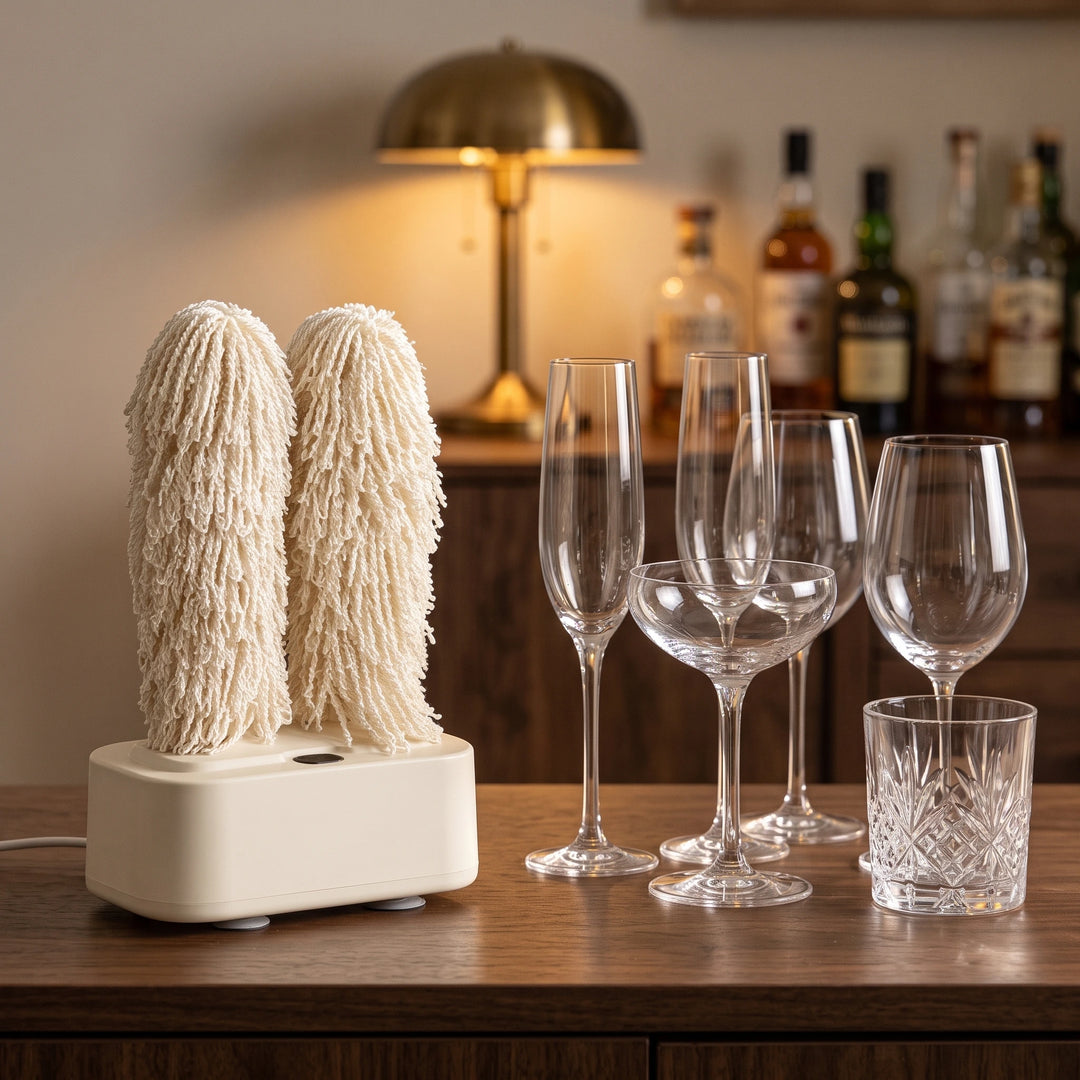 Glass polisher on a home bar with champagne flutes, wine glasses and a crystal tumbler