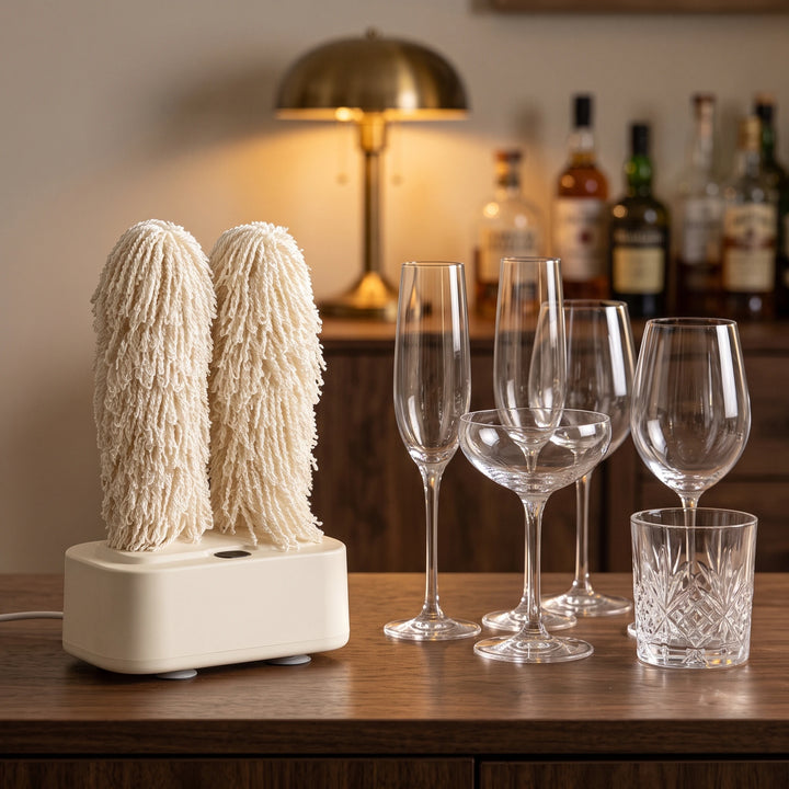 Glass polisher on a home bar with champagne flutes, wine glasses and a crystal tumbler