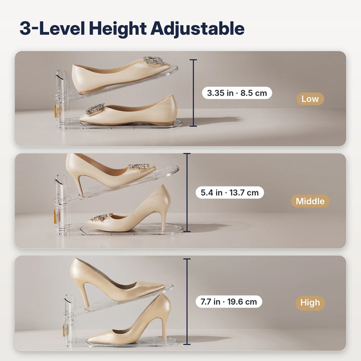Shoe slot organizer shown at low, middle and high height settings
