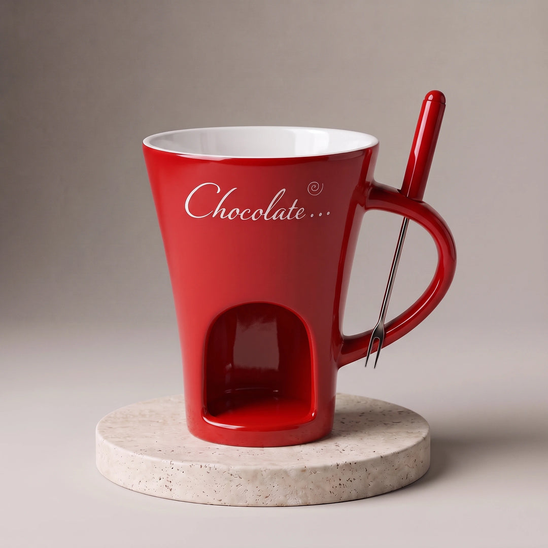 Red ceramic chocolate fondue mug with red dipping fork