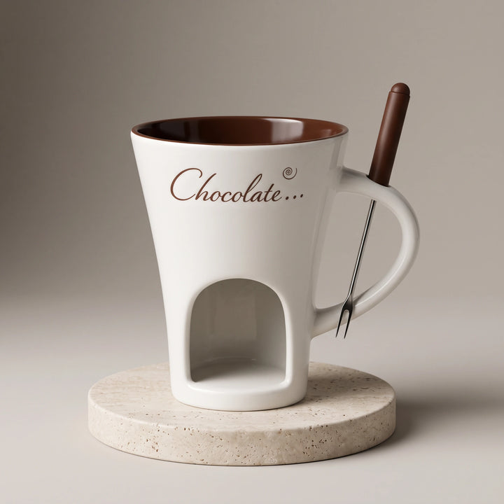 White ceramic chocolate fondue mug with brown inside and dipping fork