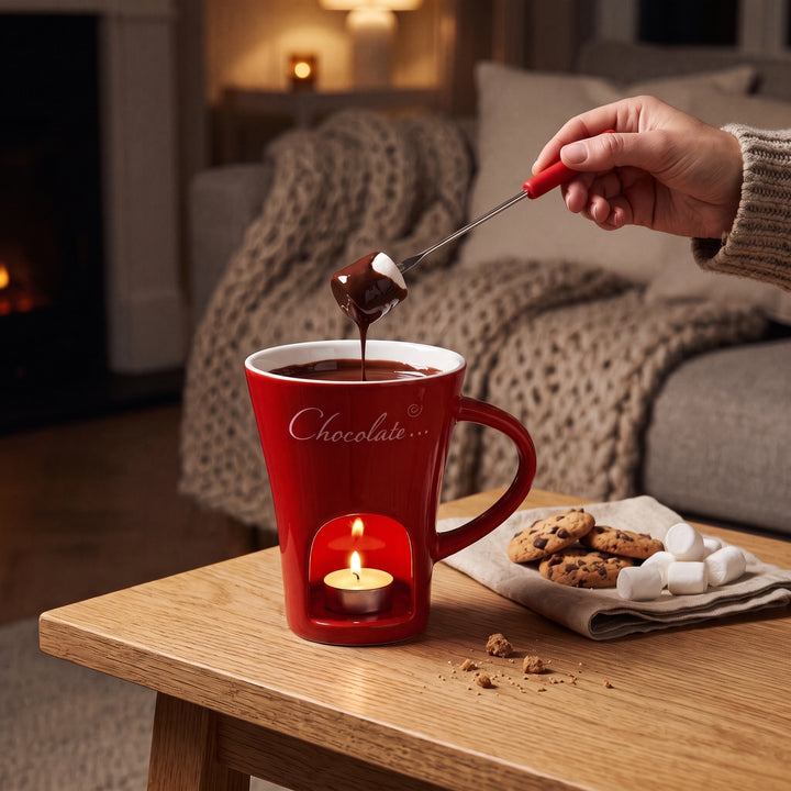 Dipping a marshmallow into melted chocolate from the red fondue mug with a lit tealight