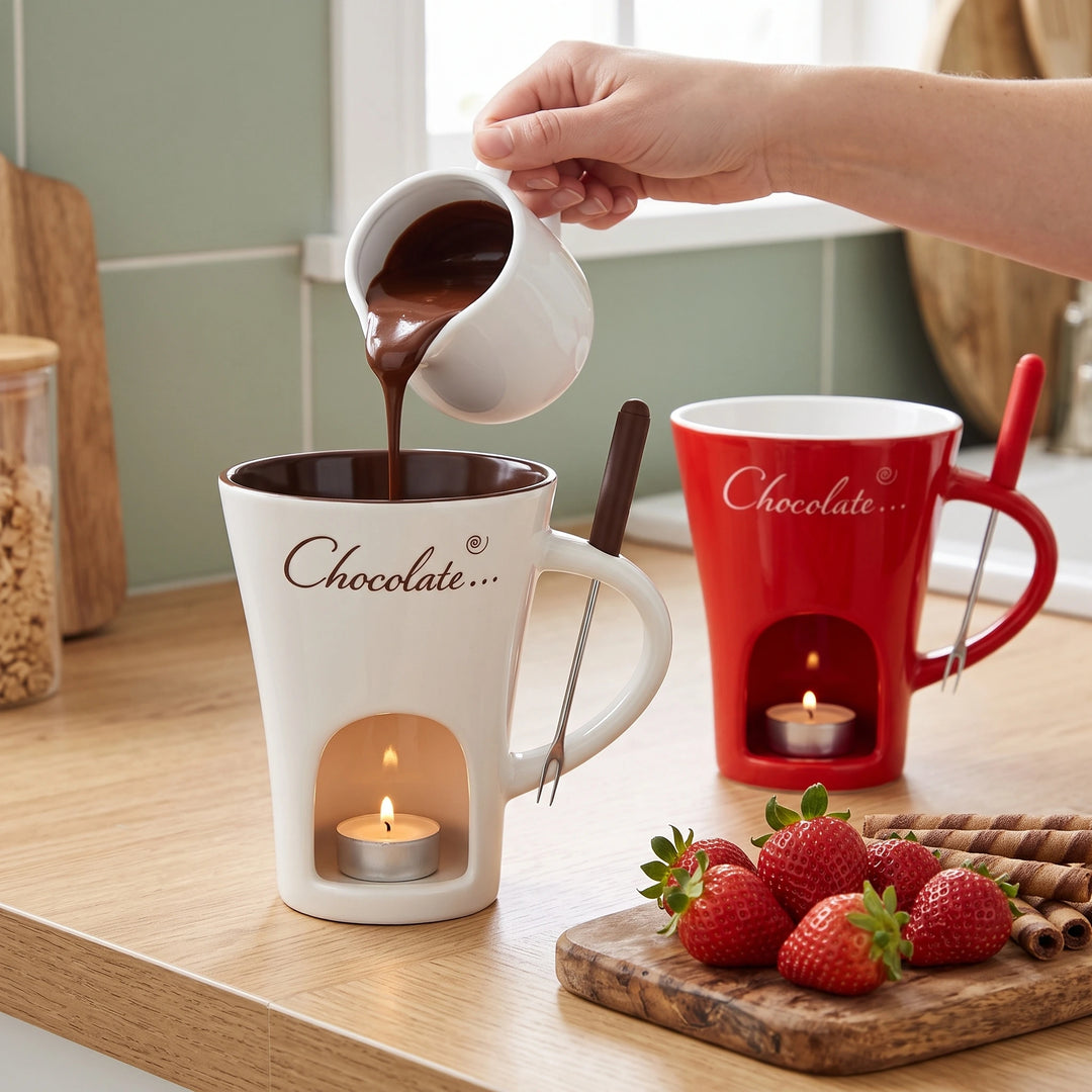 Pouring melted chocolate into the white fondue mug next to the red mug