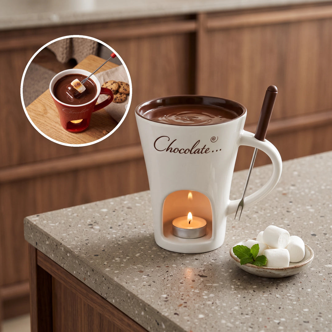 White fondue mug filled with melted chocolate over a lit tealight