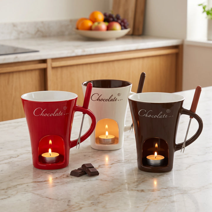 Red, white and brown chocolate fondue mugs with lit tealights on a kitchen counter