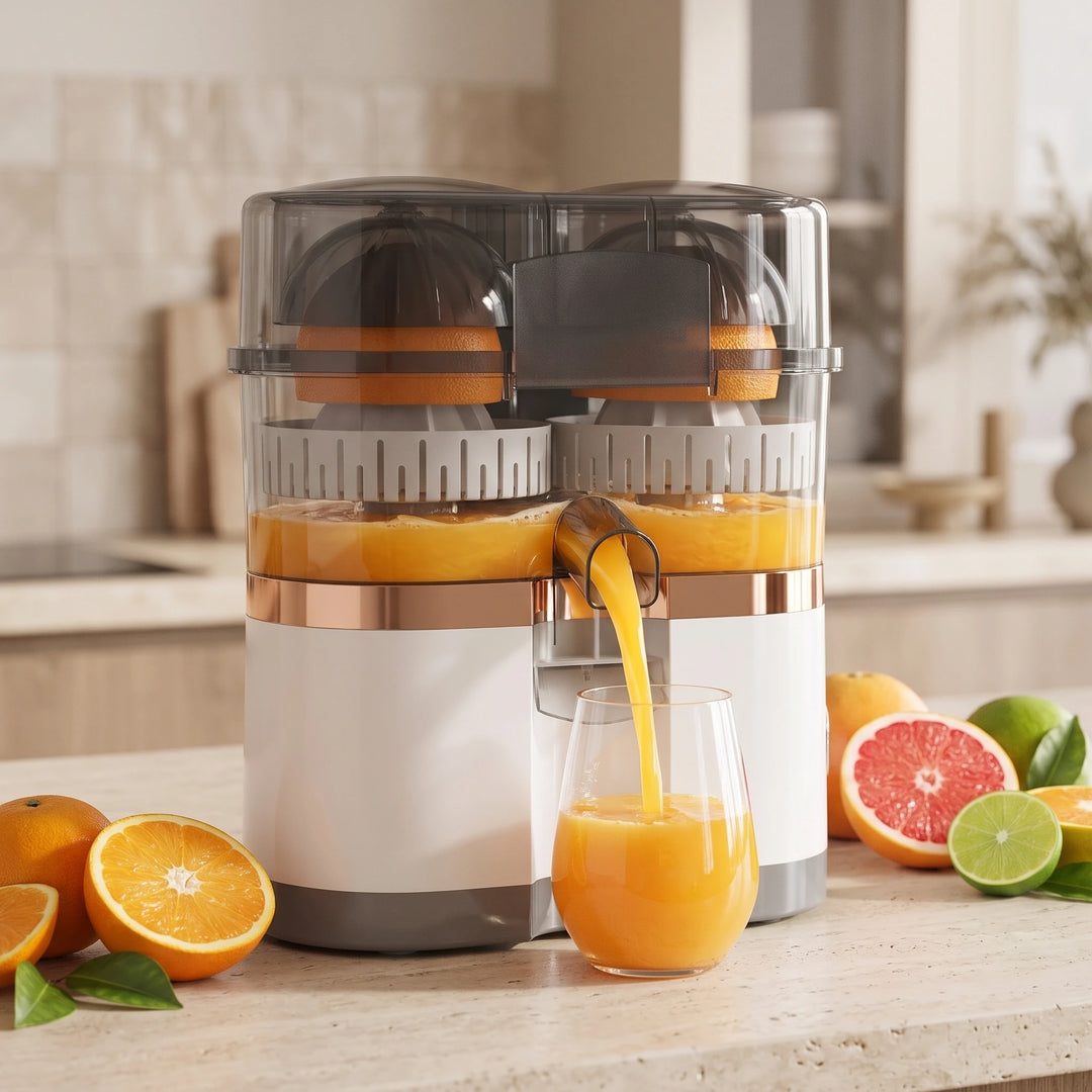 White dual-head electric citrus juicer pouring fresh orange juice into a glass