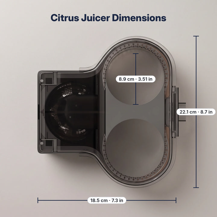 Top view of the citrus juicer with dimensions 18.5 x 22.1 cm and 8.9 cm reamer area