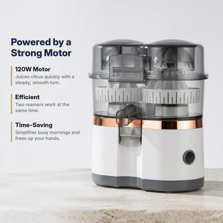 White citrus juicer with a 120W motor, efficient and time-saving