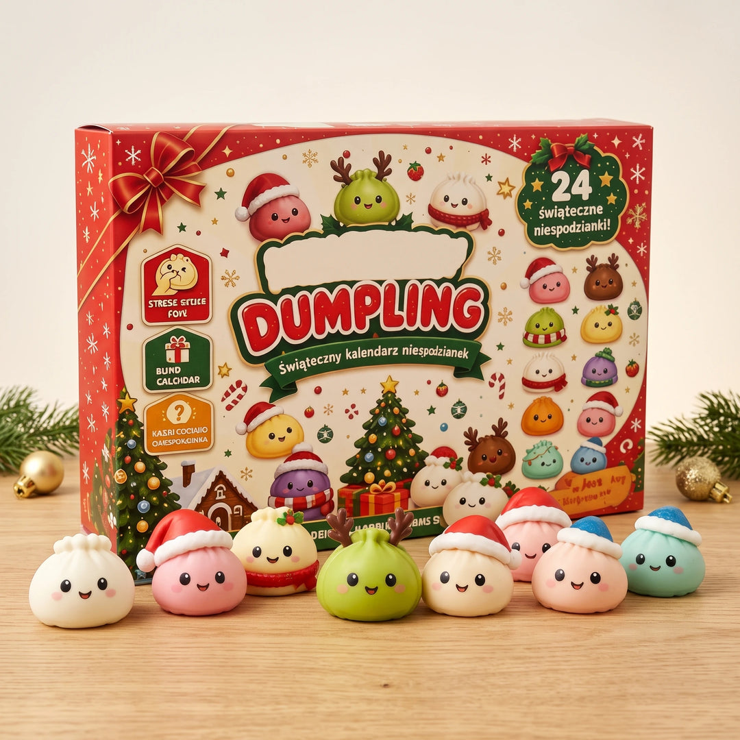 Squishy dumpling advent calendar box with a row of dumpling toys