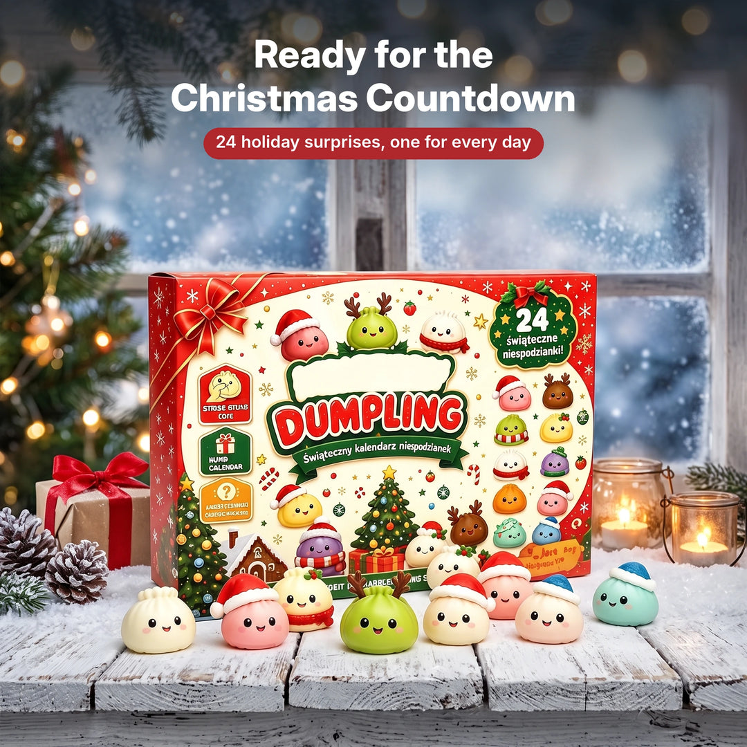 Dumpling advent calendar on a snowy table ready for the Christmas countdown