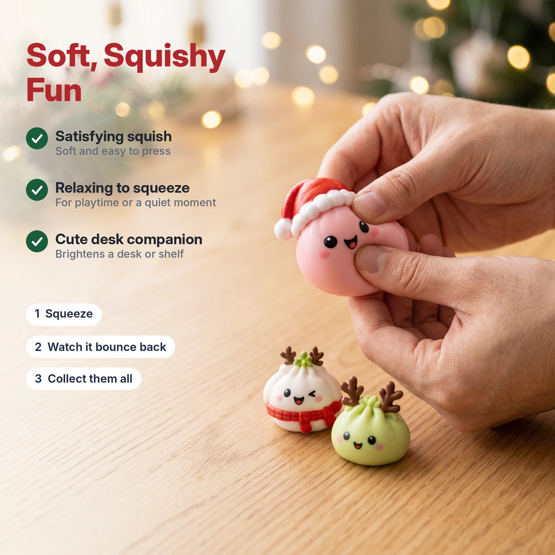 Hands squeezing a soft pink squishy dumpling toy