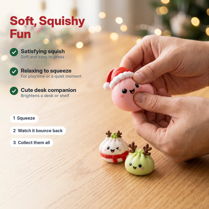 Hands squeezing a soft pink squishy dumpling toy