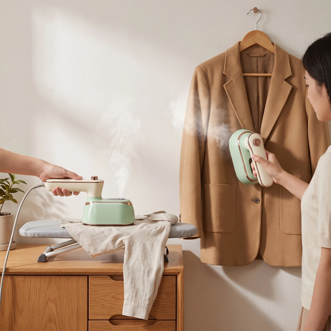 Handheld steam iron used flat on a small ironing board and vertically on a hanging blazer