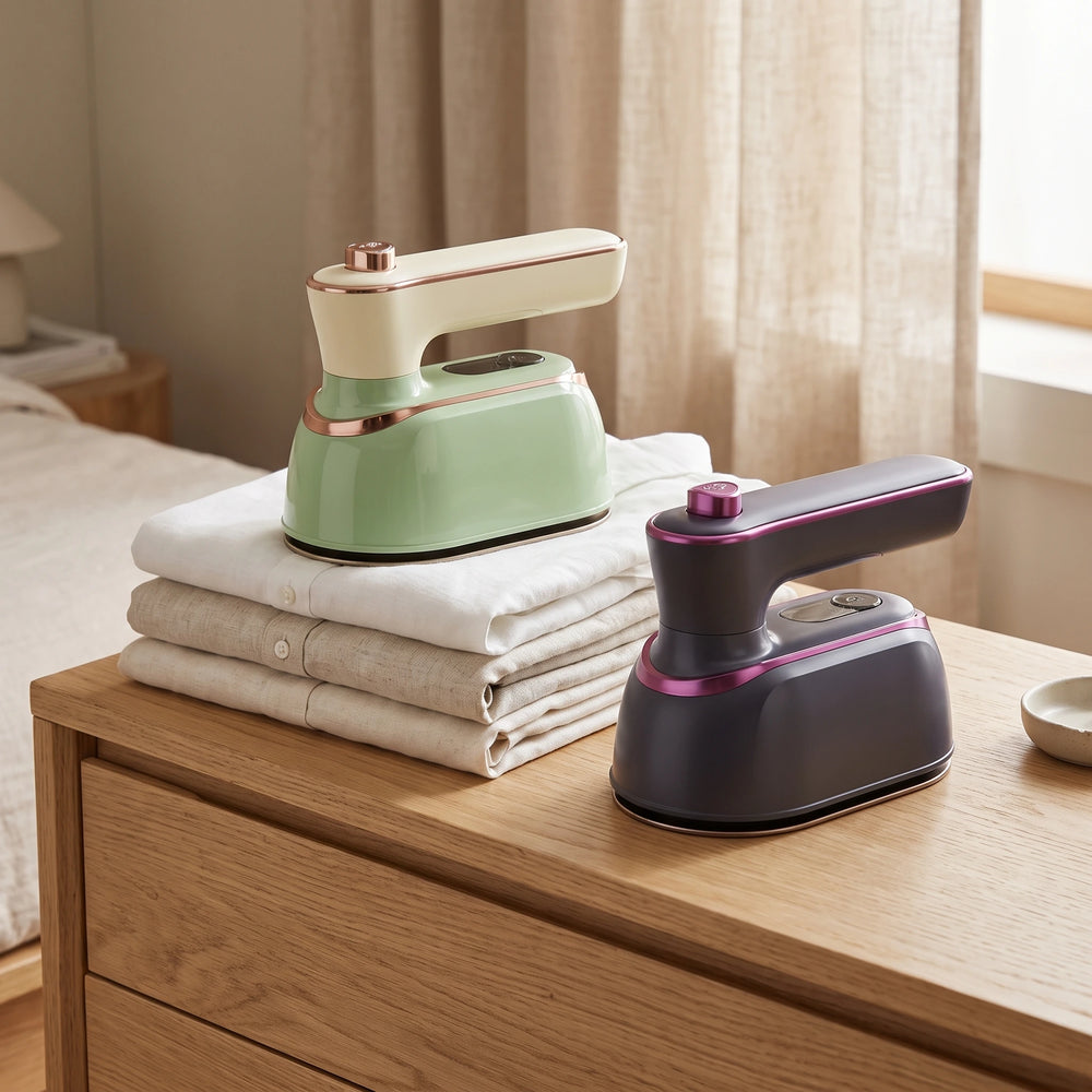 Green and grey handheld steam irons on folded shirts and a dresser