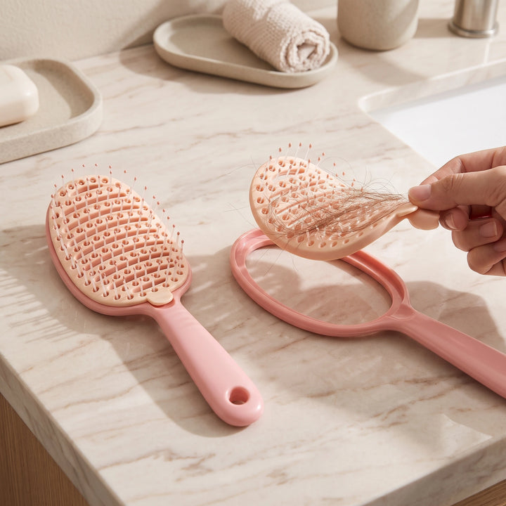 Hand lifting the comb pad with trapped hair out of a peach self-cleaning hair brush on a bathroom vanity