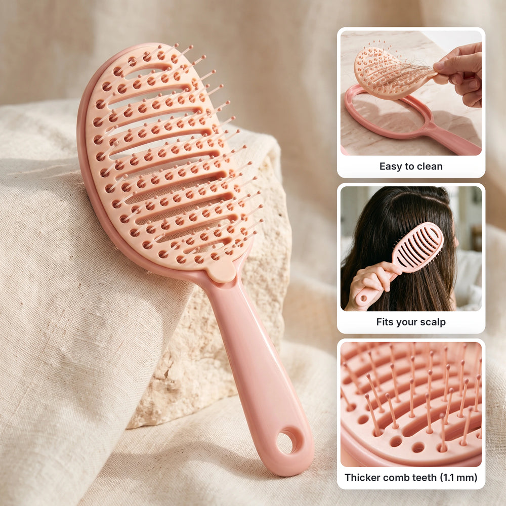 Peach oval vented hair brush with insets: easy to clean, fits your scalp, 1.1 mm comb teeth