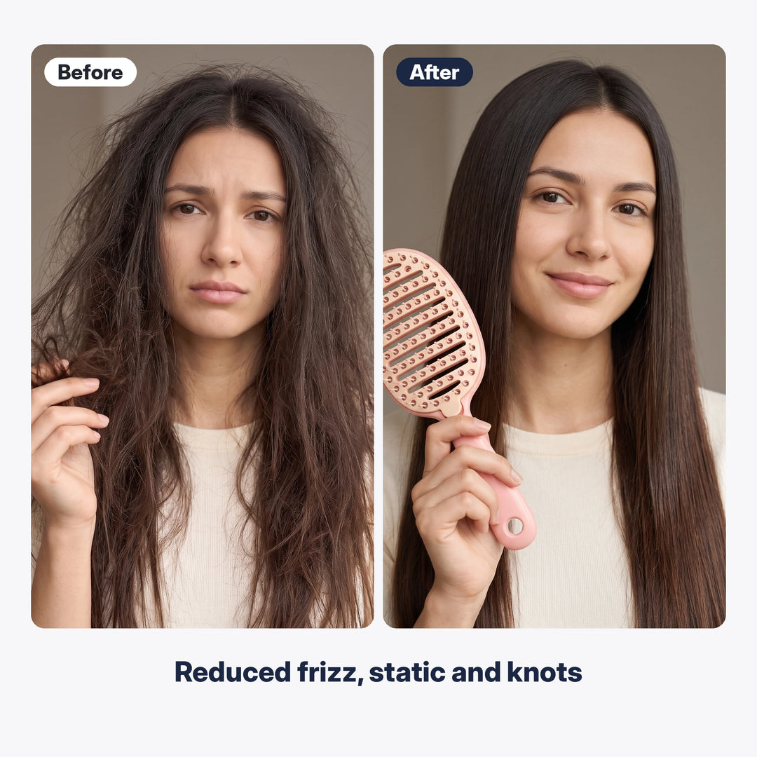 Before and after: frizzy tangled hair and smooth hair brushed with a peach vented brush