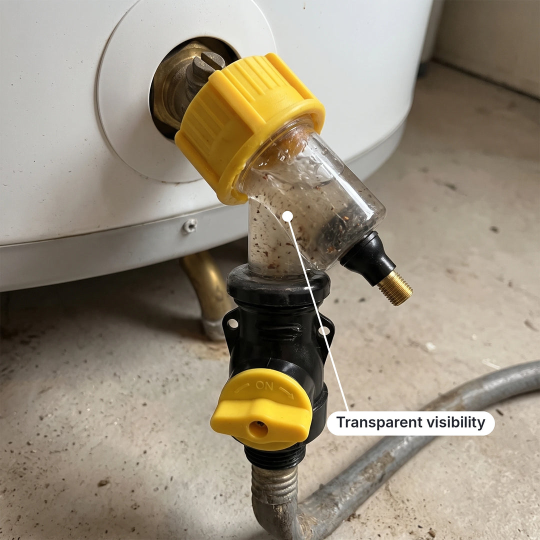 Flushing tool on a water heater drain valve with sediment visible in the transparent body